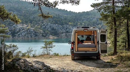 Van parked overlooking serene lake, perfect for adventure