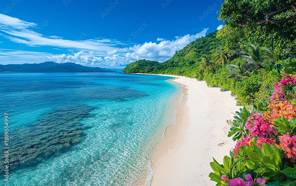 A serene Fiji island beach with vibrant vegetation, tropical flowers, and a pristine sandy shoreline stretching into the clear blue ocean A serene Fiji island beach with vibrant vegetation, tropical flowers, and a pristine sandy shoreline stretching into the clear blue ocean