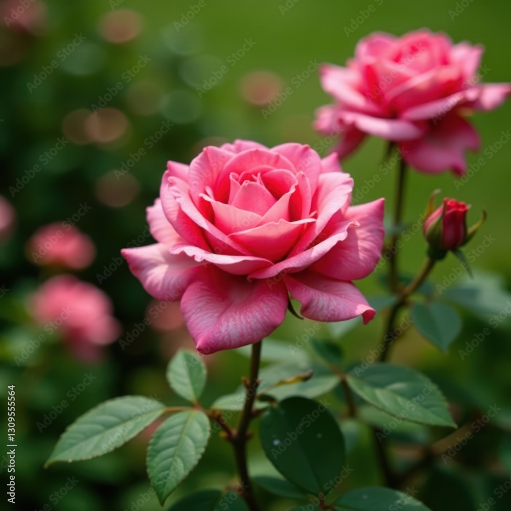 Vibrant pink roses bloom in lush green landscape , image, closeup, pretty Vibrant pink roses bloom in lush green landscape , image, closeup, pretty