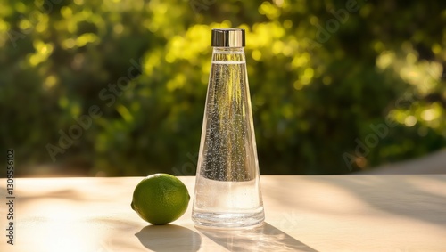 Refreshing Water with Lime. Description. Clear water bottle with a lime wedge on a wooden surface in bright sunlight outdoors, green foliage background.