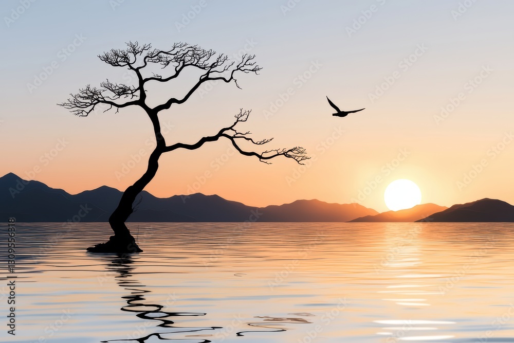 A serene sunset over calm waters features solitary tree and bird in flight, creating peaceful atmosphere. mountains in background enhance tranquil scene A serene sunset over calm waters features solitary tree and bird in flight, creating peaceful atmosphere. mountains in background enhance tranquil scene