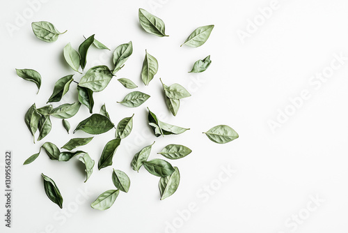 Falling Green Leaves on White Background