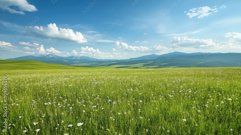 Lush Green Wildflower Field and Mountain Range Under a Blue Sky Lush Green Wildflower Field and Mountain Range Under a Blue Sky