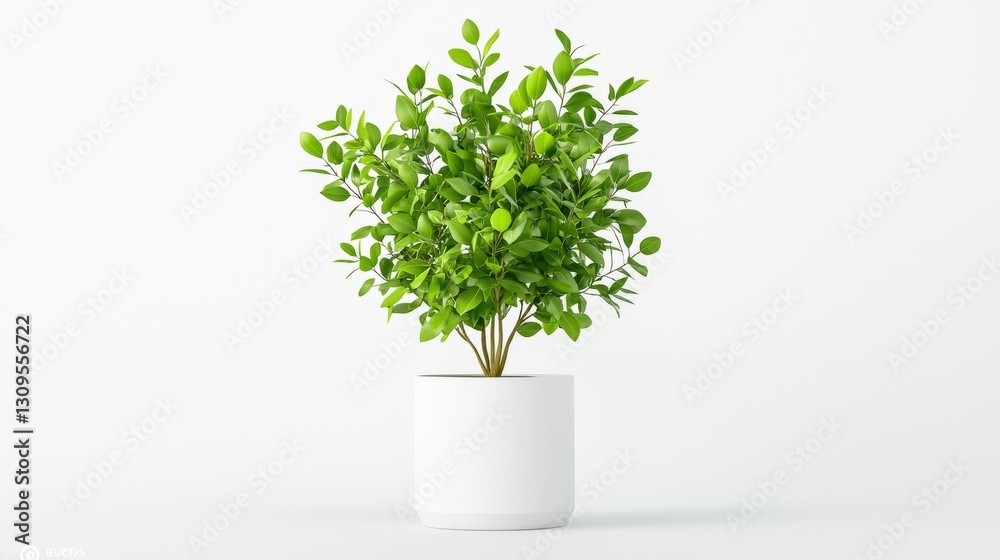 Fototapeta premium A small, lush green eucalyptus plant in a white pot, set against a light background, symbolizing freshness and nature.