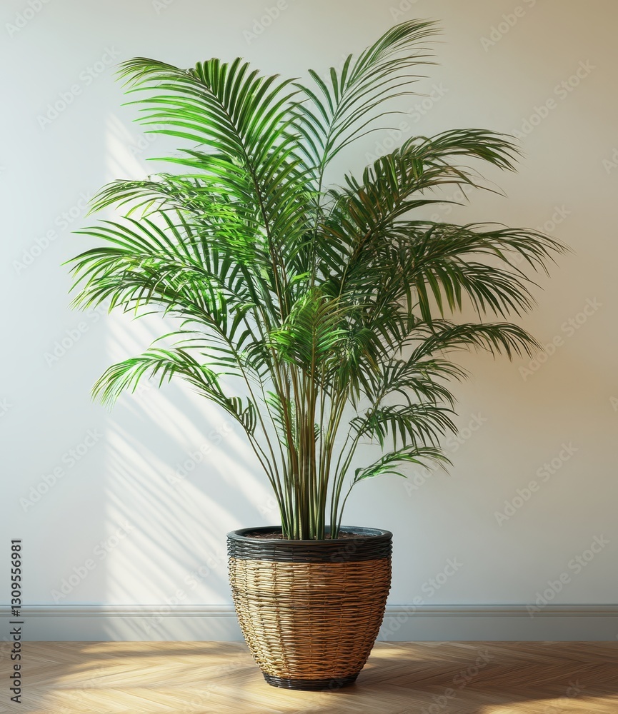 Fototapeta premium Lush Green Indoor Plant in Woven Basket Standing Gracefully Against a Bright Wall with Soft Shadows and Natural Light Pouring Through a Nearby Window