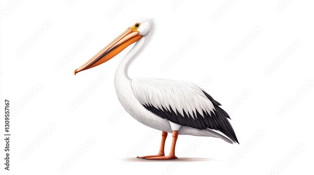 Obraz premium A detailed illustration of a pelican standing upright, showcasing its distinctive long bill and contrasting black and white plumage.