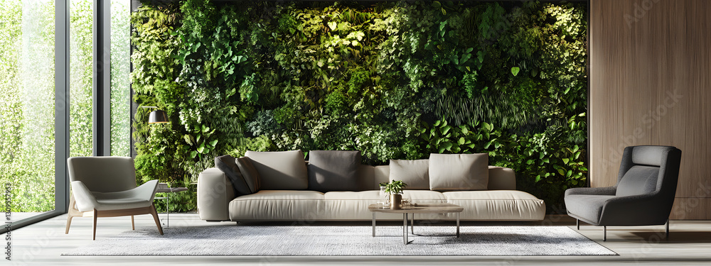 Fototapeta premium A living room with plants, white walls, and a green accent wall, modern furniture 