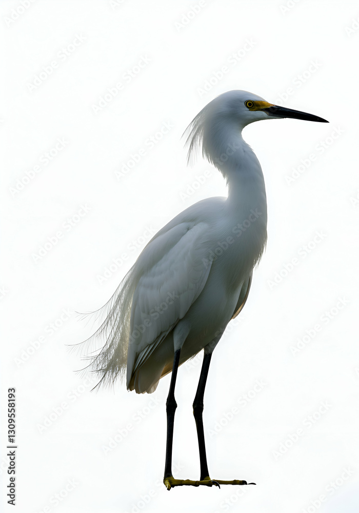 Fototapeta premium Standing Snowy Egret with Elegant White Feathers Against a Bright Sky