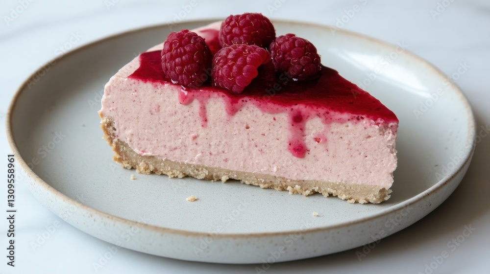A slice of raspberry cheesecake on a white plate A slice of raspberry cheesecake on a white plate
