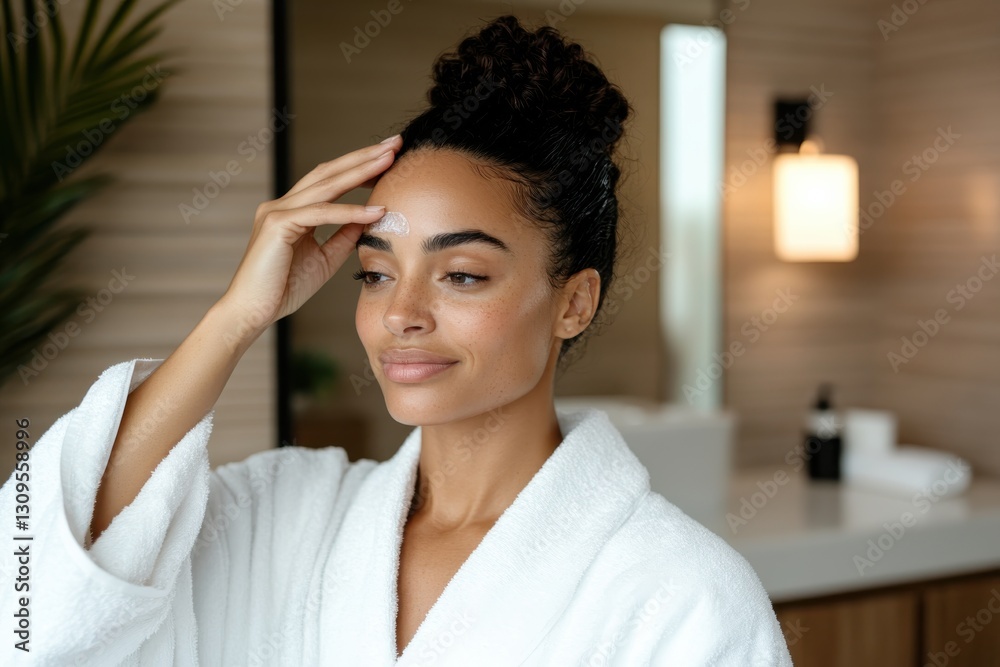 A woman applies skincare, embodying self-care and wellness in a serene bathroom. The soft atmosphere promotes relaxation and highlights the importance of personal grooming. A woman applies skincare, embodying self-care and wellness in a serene bathroom. The soft atmosphere promotes relaxation and highlights the importance of personal grooming.