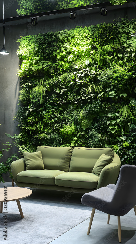Fototapeta premium A living room with plants, white walls, and a green accent wall, modern furniture 