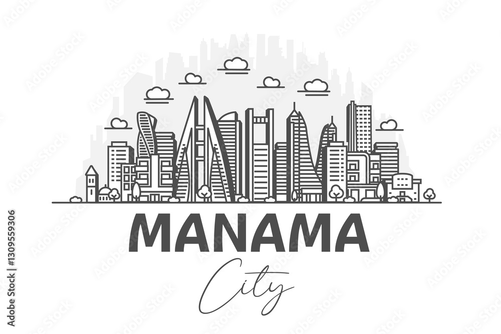 Naklejka premium Manama, Bahrain architecture line skyline illustration with shadows. Linear vector cityscape with famous landmarks, city sights, design icons.