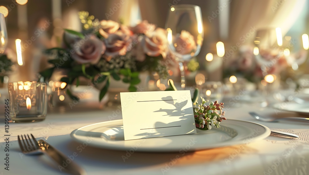 3D rendering of a wedding table with blank place cards and silverware, featuring soft lighting, elegant decorations, and a neutral color scheme 3D rendering of a wedding table with blank place cards and silverware, featuring soft lighting, elegant decorations, and a neutral color scheme