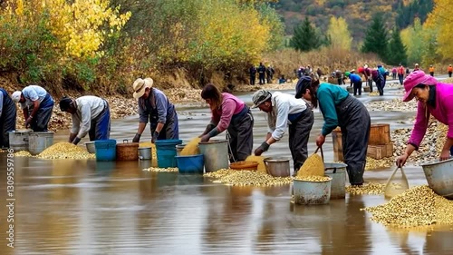 Autumnal Riverbed Gold Rush: People panning for gold in a shallow river