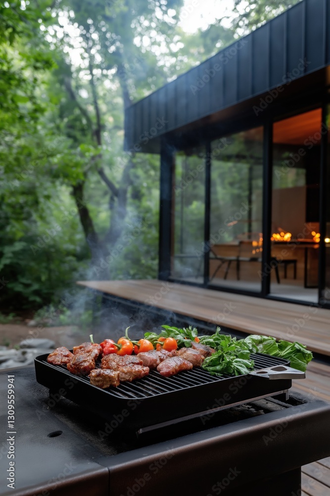 A grill is set up outside with a variety of meats and vegetables on it. The grill is surrounded by a wooden deck and a house is visible in the background. The scene is set in a forest, with trees A grill is set up outside with a variety of meats and vegetables on it. The grill is surrounded by a wooden deck and a house is visible in the background. The scene is set in a forest, with trees