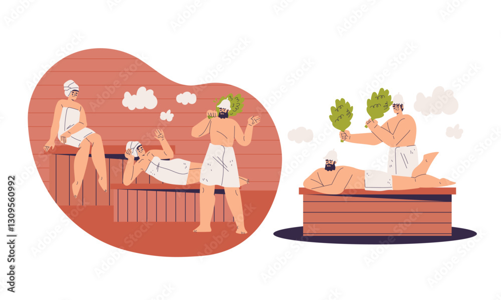 Fototapeta premium People Characters Bathing in Sauna and Taking Steam Bath Vector Set