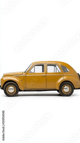 Vintage mustard yellow car, side profile view on white background. Classic automobile design, clean lines, and simple elegance. Retro vehicle.