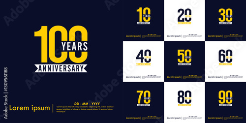 Set of 10-100th years anniversary celebration emblem. anniversary logo isolated with white ribbon on dark blue background. vector illustration template design for web, flyers, poster, greeting card