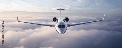 Front view of a private jet flying above the clouds