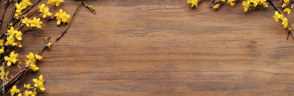 Fototapeta premium A rustic wooden background framed with vibrant yellow flowers, creating a warm and inviting atmosphere ideal for nature-themed designs.