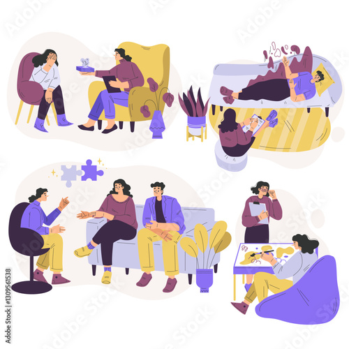 Psychotherapy Variety with Man and Woman at Mental Therapy Session Vector Set