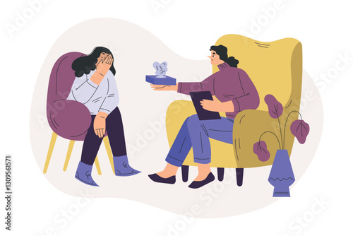 Psychotherapy with Woman at Mental Therapy Session Sit on Chair Vector Illustration