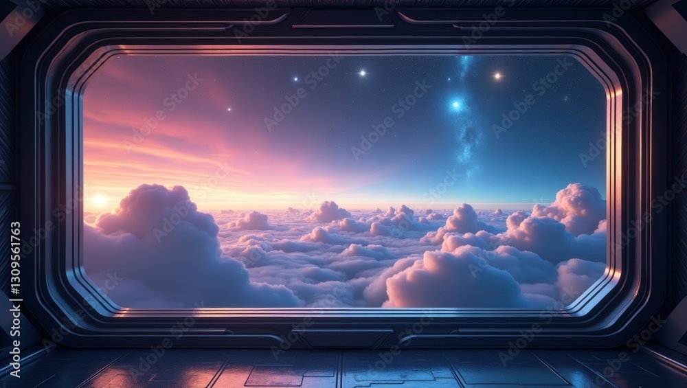 Futuristic Spaceship Window View Breathtaking Sunset Over Cloudscapes and Stars Futuristic Spaceship Window View Breathtaking Sunset Over Cloudscapes and Stars