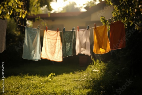 Wallpaper Mural Clothes hang on a line in the sunlight, creating a colorful scene in a serene garden setting Torontodigital.ca