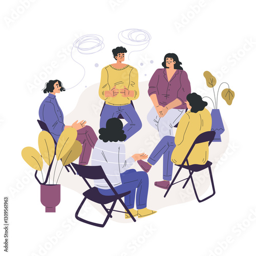 Psychotherapy with Man and Woman at Mental Therapy Session Sit on Chair Vector Illustration