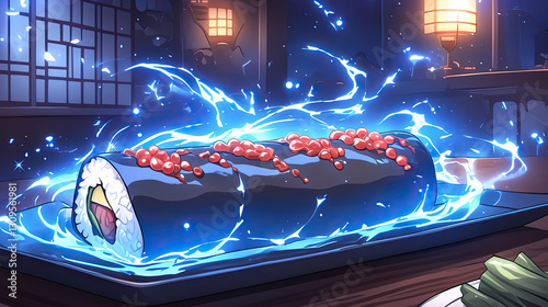 Cartoon illustration of a cake with blue flames and a futuristic sushi roll featuring neon-colored fish on a vibrant background