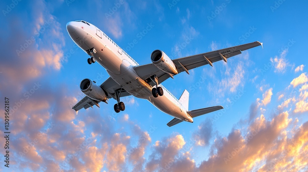 Obraz premium White passenger airplane in flight against a vibrant sunset sky filled with fluffy clouds. The aircraft is captured from a low angle, showcasing its full form against the warm hues of the sky.
