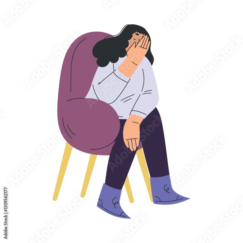 Psychotherapy with Woman Sit on Chair and Crying Having Mental Therapy Session Vector Illustration