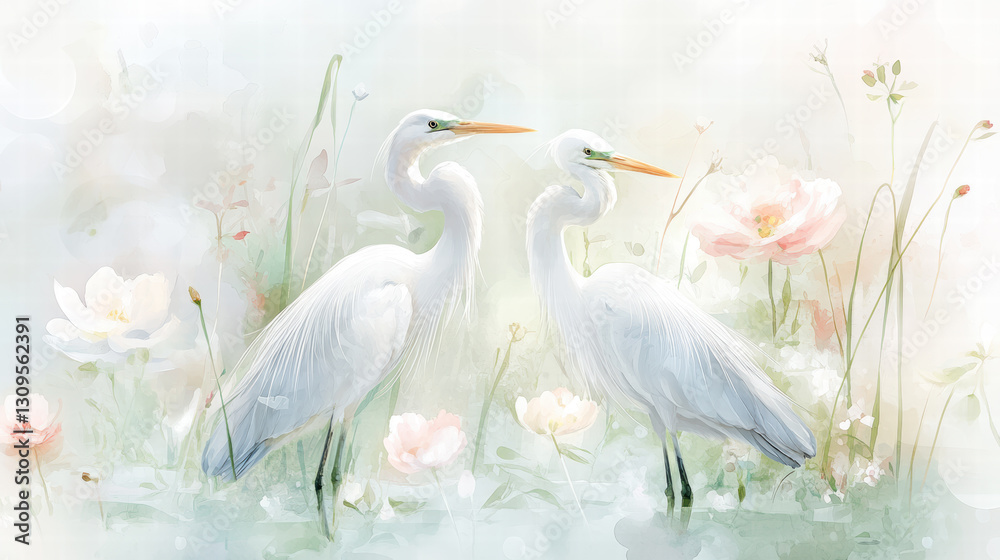 Fototapeta premium Two White Egrets Among Lotus Flowers