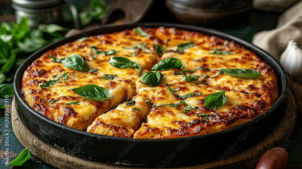 Cheesy Margherita pizza with melting mozzarella and fresh basil leaves, ideal for showcasing the authenticity and delicious tast Cheesy Margherita pizza with melting mozzarella and fresh basil leaves, ideal for showcasing the authenticity and delicious tast