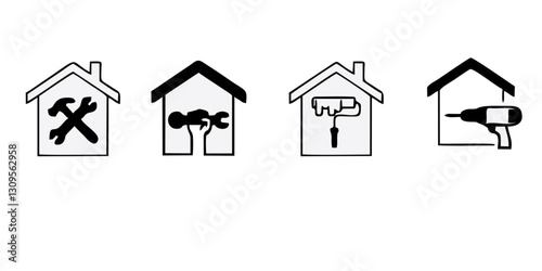 A set of line icons related to construction. Construct, worker, tools, machines, oil, wall, drill, measure, excavator and so on. Vector outline icons set.