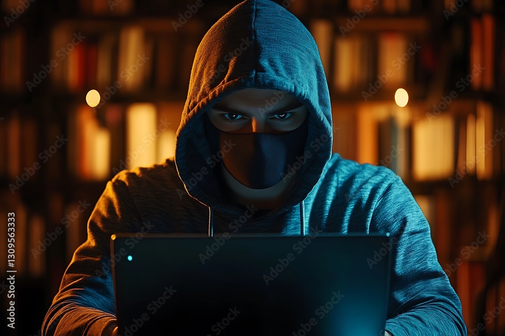 Hooded man using laptop in dark library. Hooded man using laptop in dark library.