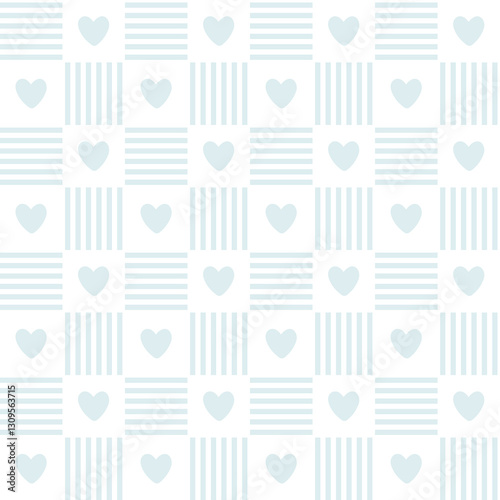 Gingham with cute hearts seamless vector pattern. Tartan check for tablecloths, napkins, clothes, packaging, for the Easter holiday. Cozy cute childish background in pastel palette.