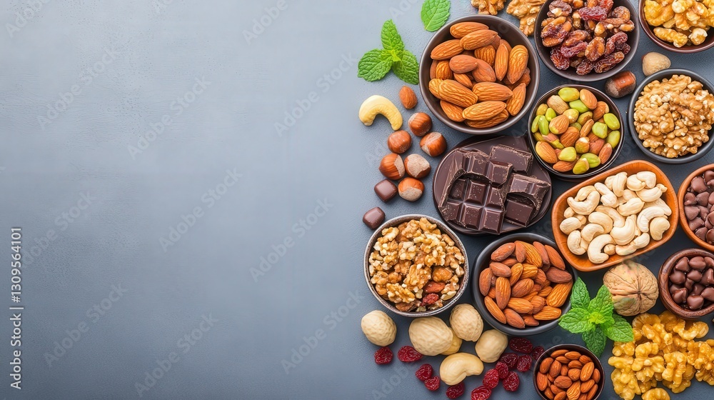 A vibrant arrangement of assorted nuts, dried fruits, and snacks in bowls on a gray background, ideal for healthy eating concepts. A vibrant arrangement of assorted nuts, dried fruits, and snacks in bowls on a gray background, ideal for healthy eating concepts.
