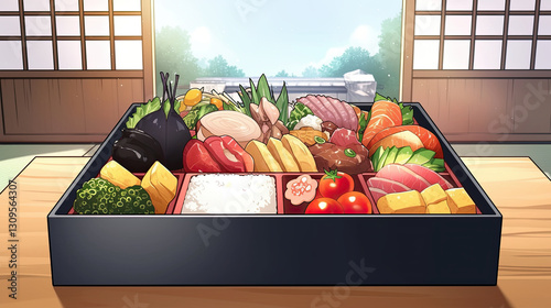 Detailed anime bento box filled with colorful food items including rice vegetables and protein arranged in a visually appealing manner