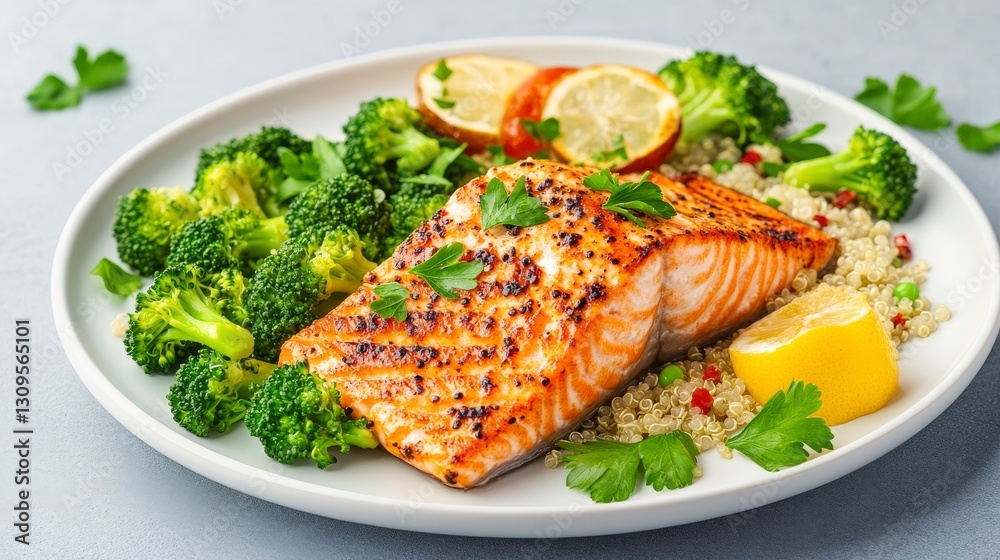 Delicious grilled salmon served with broccoli, quinoa, and lemon, garnished with fresh herbs on a white plate. Delicious grilled salmon served with broccoli, quinoa, and lemon, garnished with fresh herbs on a white plate.