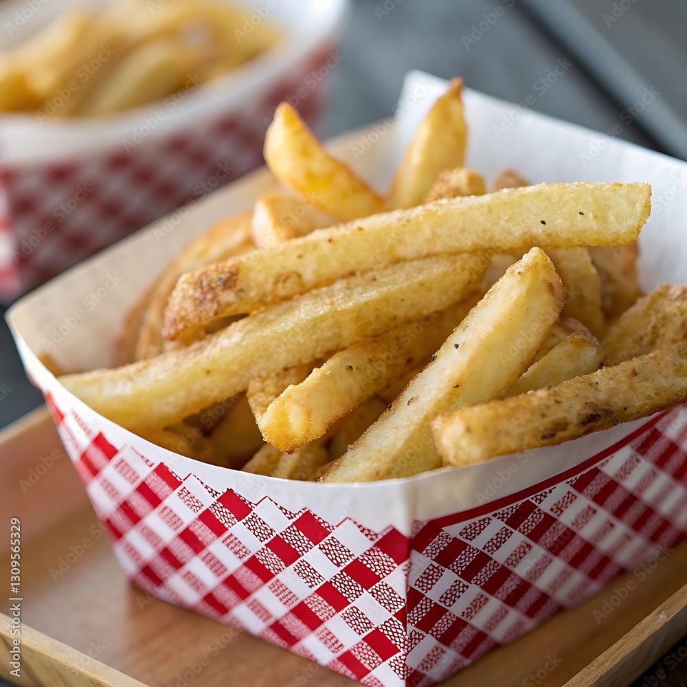 Golden French fries in a checkered basket Golden French fries in a checkered basket