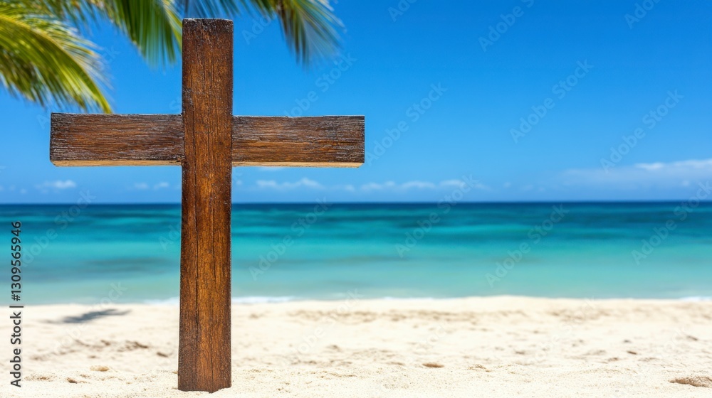Wooden cross on a tropical beach under a sunny sky. Turquoise water, white sand, and palm fronds. Peaceful, serene coastal scene. Wooden cross on a tropical beach under a sunny sky. Turquoise water, white sand, and palm fronds. Peaceful, serene coastal scene.