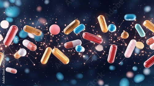 Colorful capsules and pills are scattered in a dynamic arrangement against a dark background, suggesting health and medication themes.
