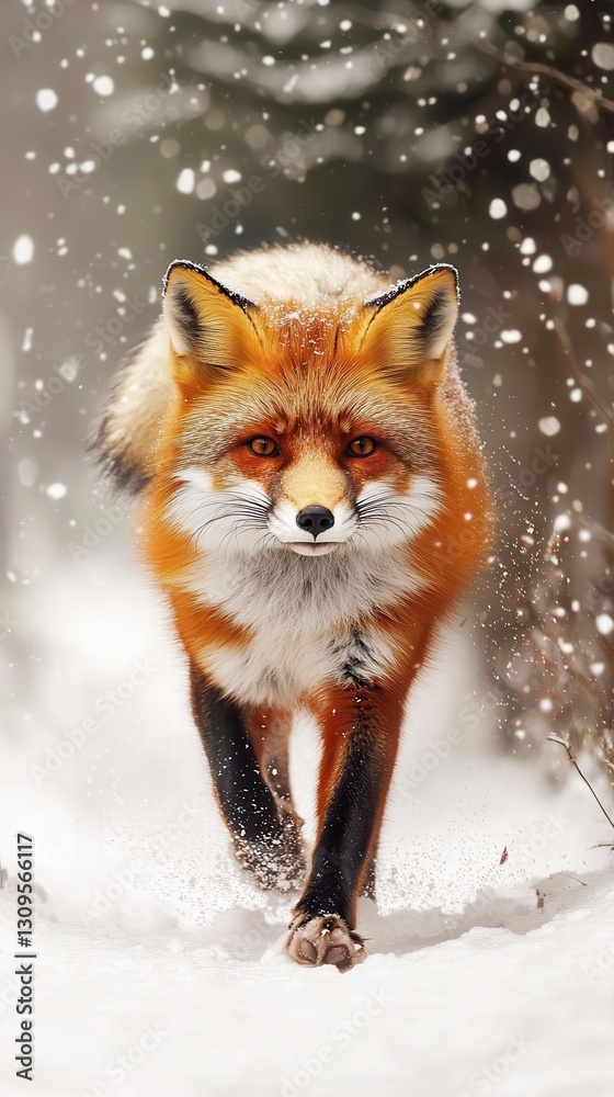 Fototapeta premium Majestic Red Fox Walking Through Snowy Forest in Winter Wonderland
