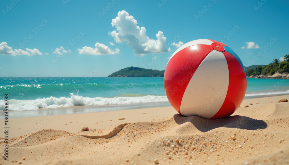 A vibrant beach ball on a sunny sandy beach with clear blue sea and distant hills. A vibrant beach ball on a sunny sandy beach with clear blue sea and distant hills.