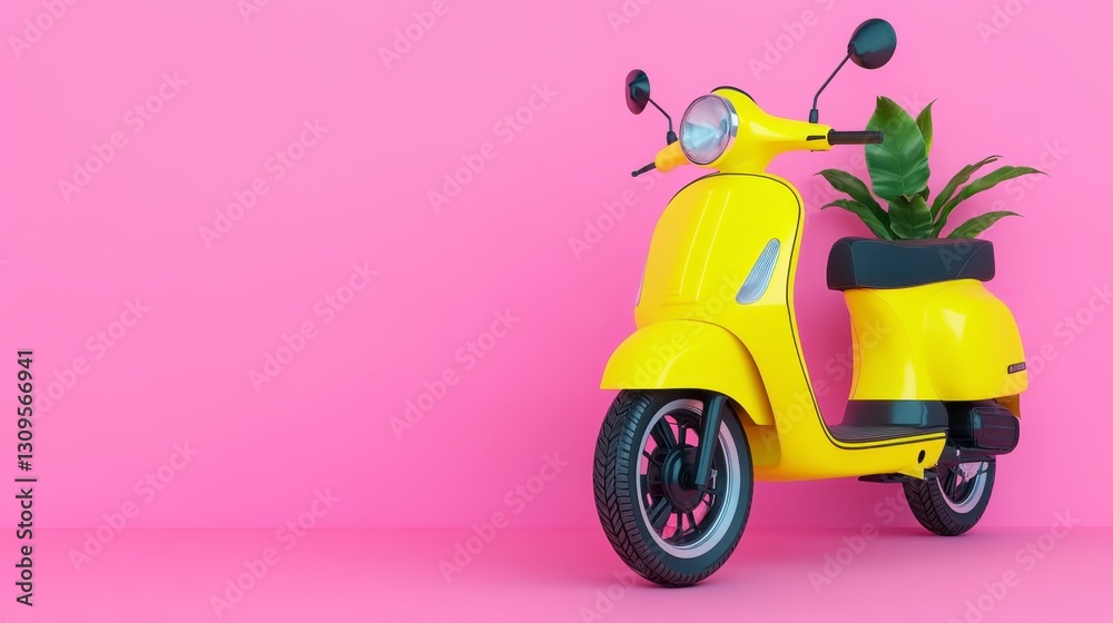 Yellow scooter with a plant in the back, on a pink background. Low angle, studio shot. Yellow scooter with a plant in the back, on a pink background. Low angle, studio shot.