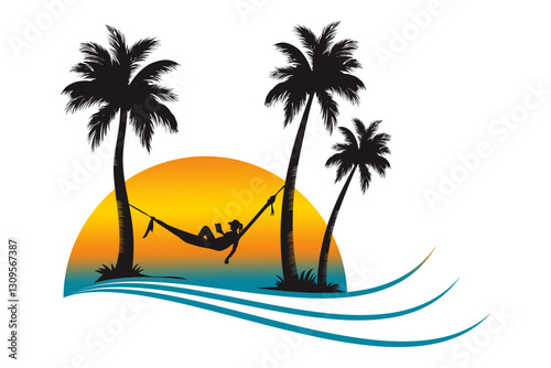 Vector palm tree with hammock and sunset background 6