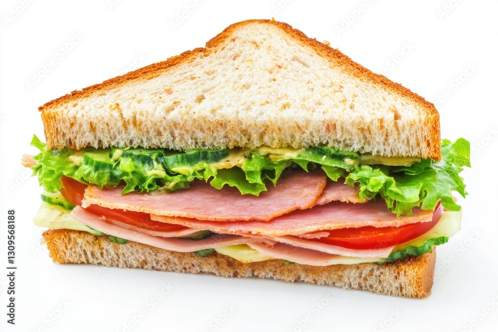 Sandwich with ham, lettuce and tomatoes against a clean white background. Suitable for advertising cafes, fast food restaurants, culinary blogs and food delivery sites. Minimalistic background. Banner Sandwich with ham, lettuce and tomatoes against a clean white background. Suitable for advertising cafes, fast food restaurants, culinary blogs and food delivery sites. Minimalistic background. Banner