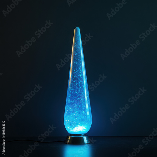 A glowing blue lava lamp emits calming light in a dark room, creating a serene and tranquil atmosphere with its gentle, shimmering effect.