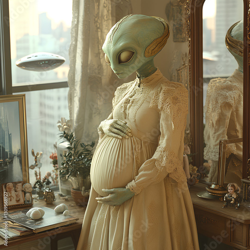 In New York, a pregnant alien woman stands in front of a full-length mirror, gently hugging her round belly, emerald green skin, light-colored outfit